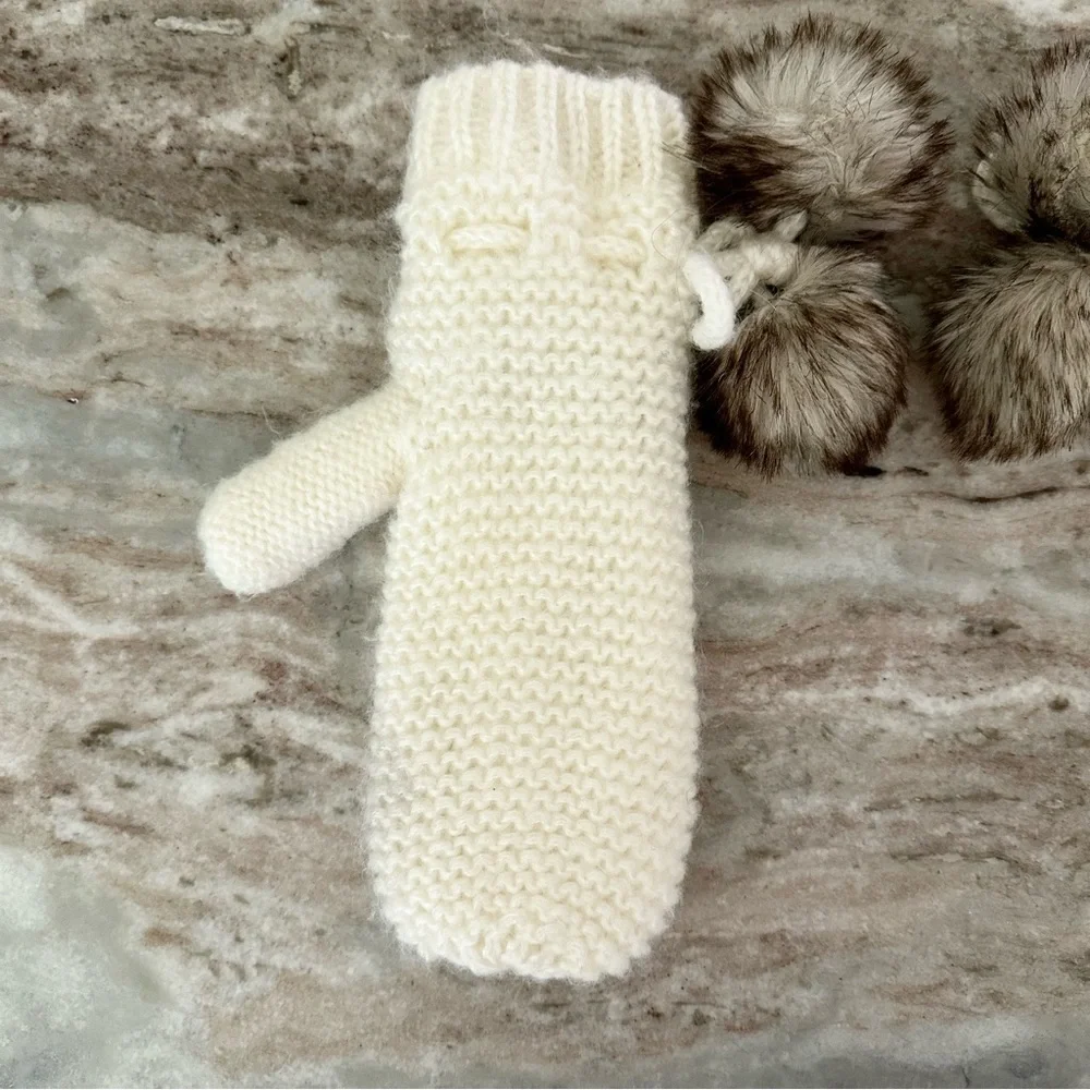 Cream Cozy Fleece Lined Knit Mittens Faux Fur Pom Poms - Winter / Cold Weather